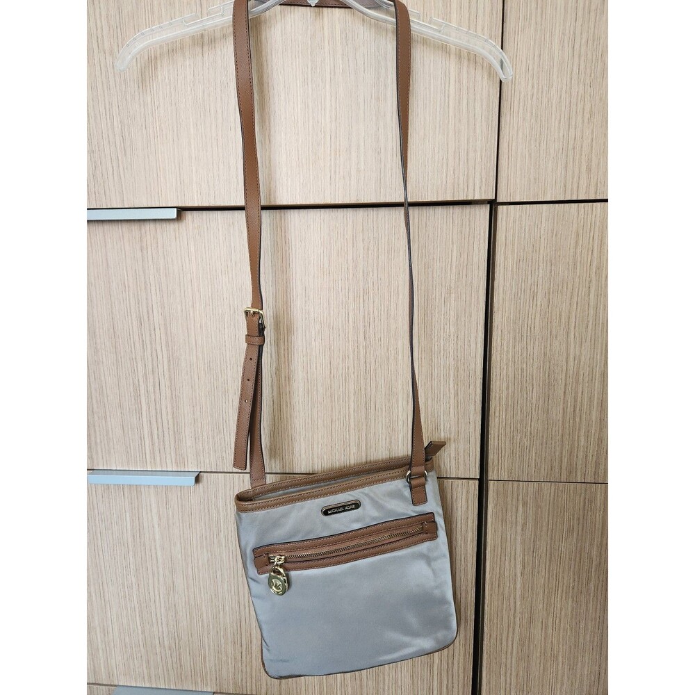 Michael Kors Kempton Nylon Crossbody Bag Taupe Tan w/ Brown Leather Trim